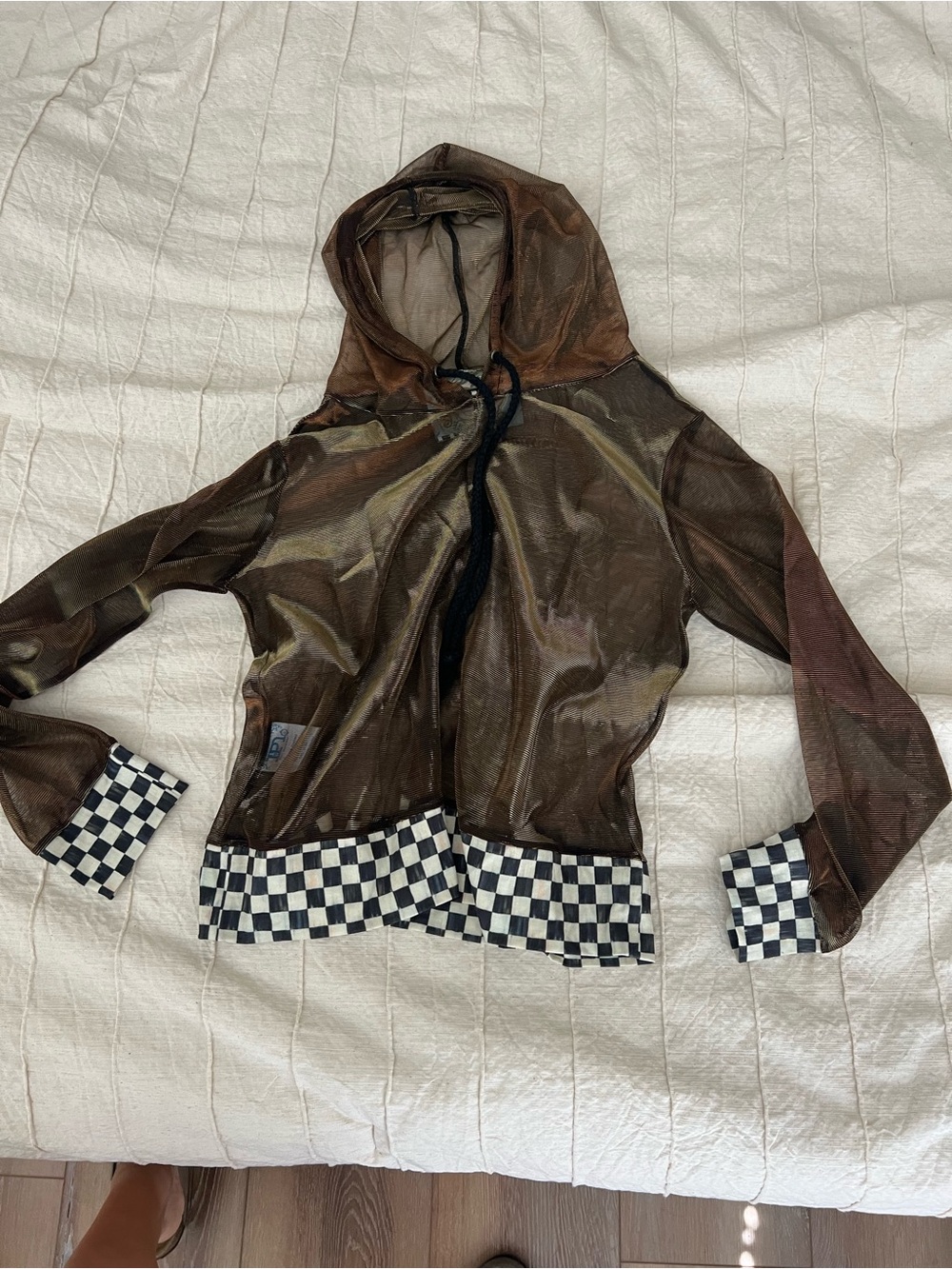 IPNG Sheer Brown Hooded Mesh Jacket with Checker Trim
